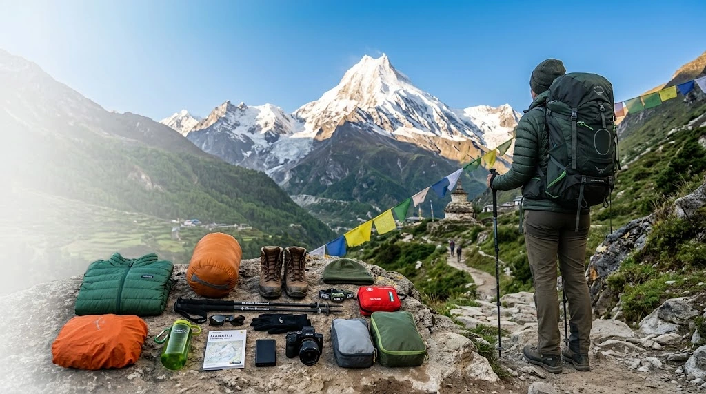 Essential trekking gear laid for Manaslu Circuit Trek in Nepal, featuring a backpack, boots, and down jacket